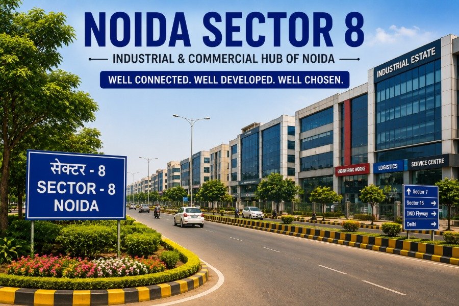 Modern industrial and commercial buildings in Noida Sector 8, Uttar Pradesh