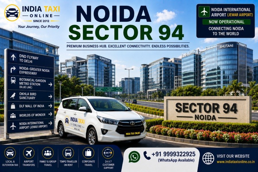 Modern commercial towers, Noida–Greater Noida Expressway, landscaped roads and premium developments in Noida Sector 94 with access to Noida International Airport
