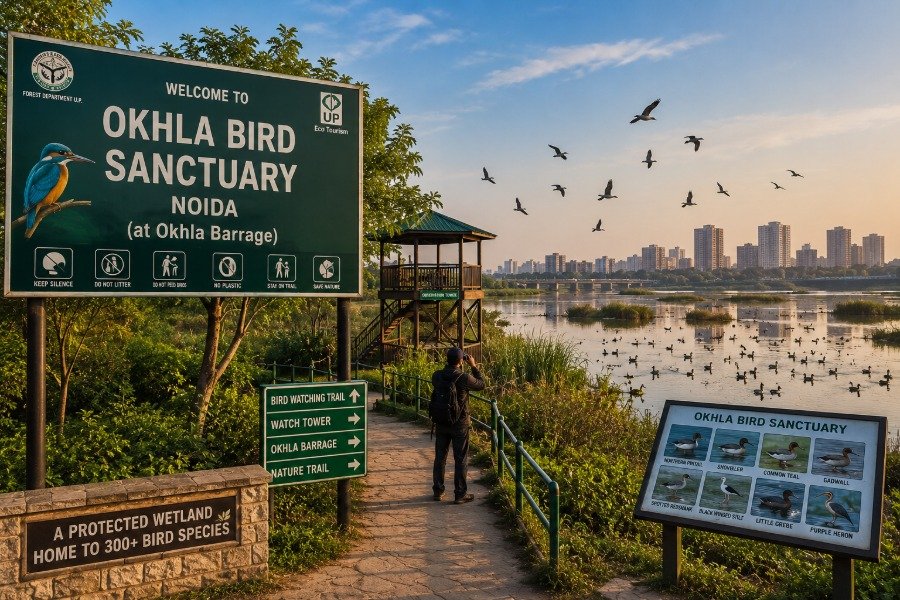 Okhla Bird Sanctuary Noida with Yamuna wetlands, migratory birds and birdwatching landscape