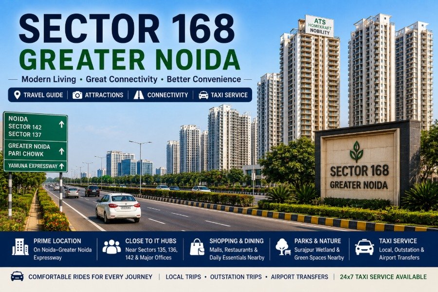 Sector 168 Noida along the Greater Noida Expressway with modern residential towers and urban roads