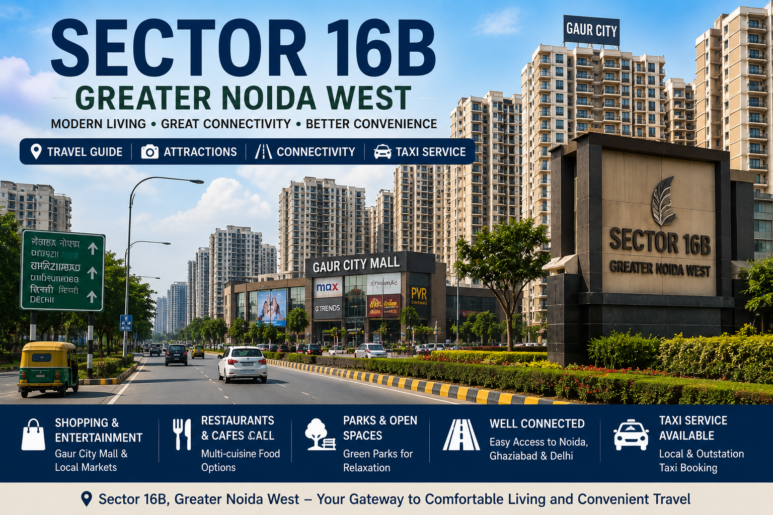 Sector 16B Greater Noida West residential area with modern high-rise buildings and city roads