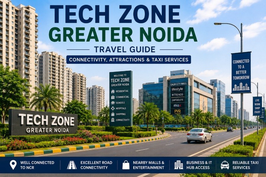 Tech Zone Greater Noida road with modern residential buildings and landscaped surroundings