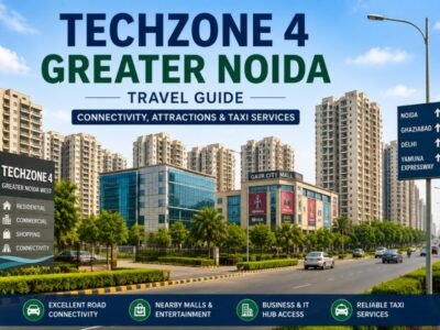 Techzone 4 Greater Noida West road with modern residential buildings and landscaped surroundings