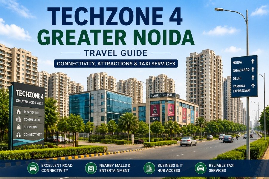 Techzone 4 Greater Noida West road with modern residential buildings and landscaped surroundings