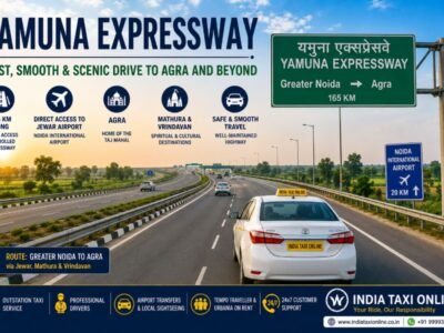 Yamuna Expressway Travel Guide, Route & Taxi Service Yamuna Expressway near Greater Noida with modern highway, road signs, taxi and open landscape