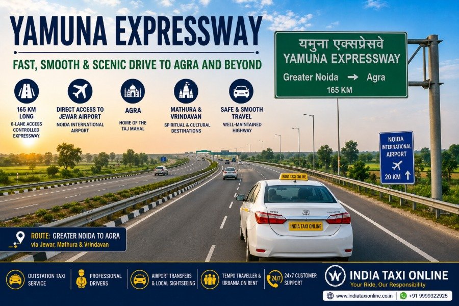 Yamuna Expressway near Greater Noida with modern highway, road signs, taxi and open landscape