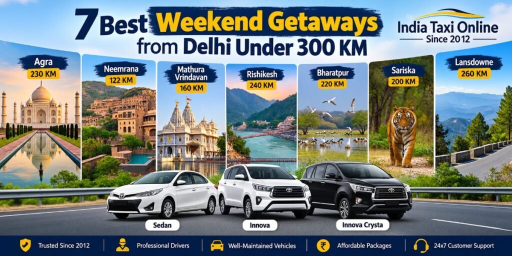 India Taxi Online 1 7 best weekend getaways from Delhi under 300 KM including Agra, Neemrana, Mathura-Vrindavan, Rishikesh, Bharatpur, Sariska and Lansdowne, with taxi options from India Taxi Online.