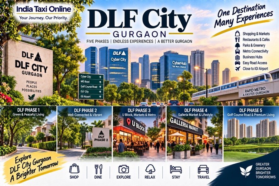 DLF City Gurgaon with green residential streets, Galleria Market and modern Cyber City skyline