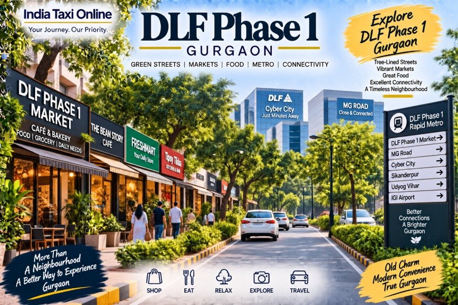 Tree-lined residential streets and local market in DLF Phase 1 Gurgaon