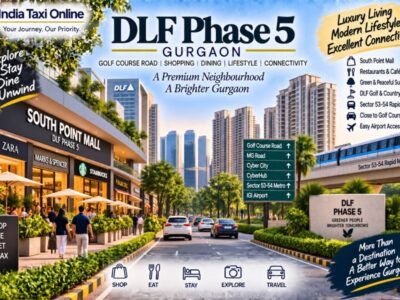 DLF Phase 5 Gurgaon on Golf Course Road with luxury buildings, greenery and modern cityscape