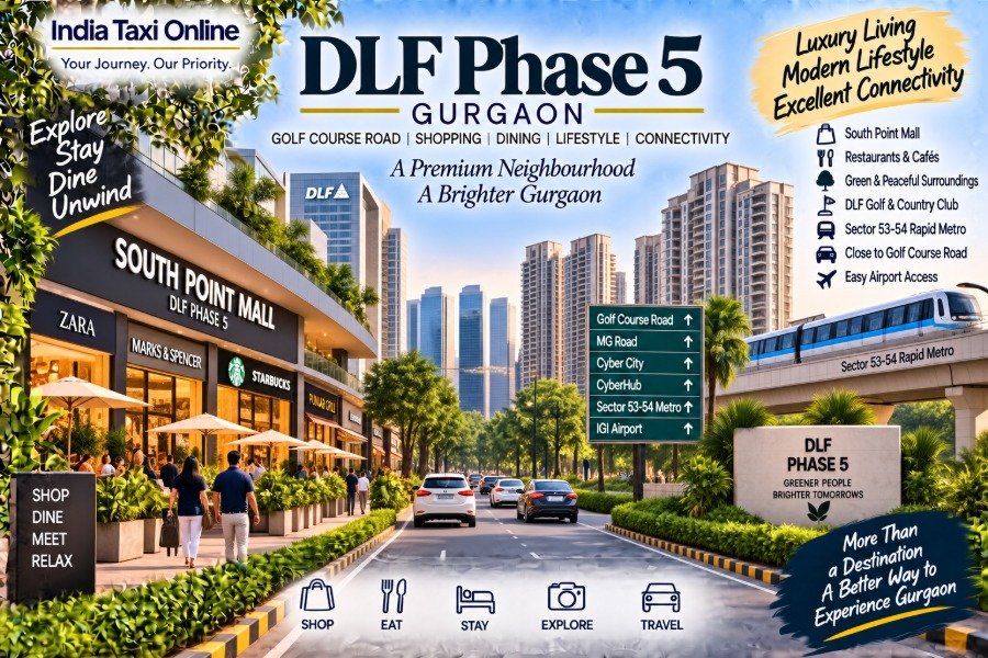 DLF Phase 5 Gurgaon on Golf Course Road with luxury buildings, greenery and modern cityscape