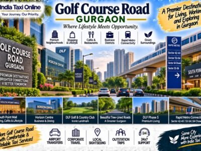 Golf Course Road Gurgaon with landscaped roads, modern buildings, Rapid Metro and nearby landmarks