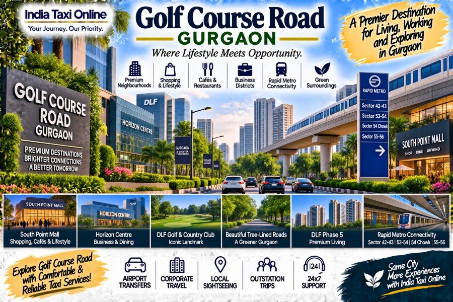 Golf Course Road Gurgaon with landscaped roads, modern buildings, Rapid Metro and nearby landmarks