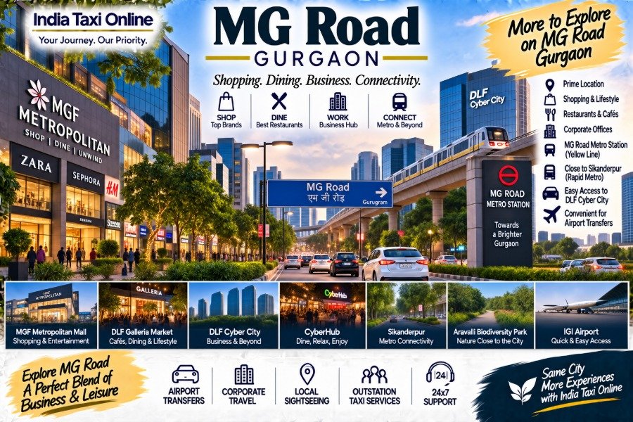 MG Road Gurgaon with shopping, modern buildings, Metro connectivity and city traffic
