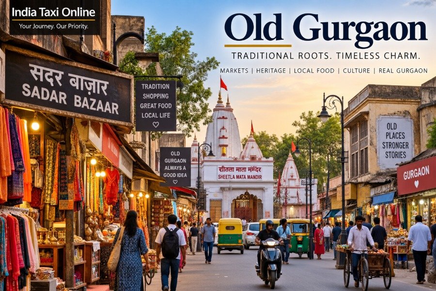 Busy Sadar Bazaar street in Old Gurgaon with traditional shops and local shoppers