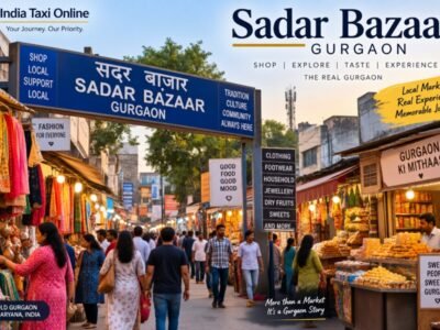 Busy Sadar Bazaar Gurgaon market street with local shops, shoppers and traditional goods