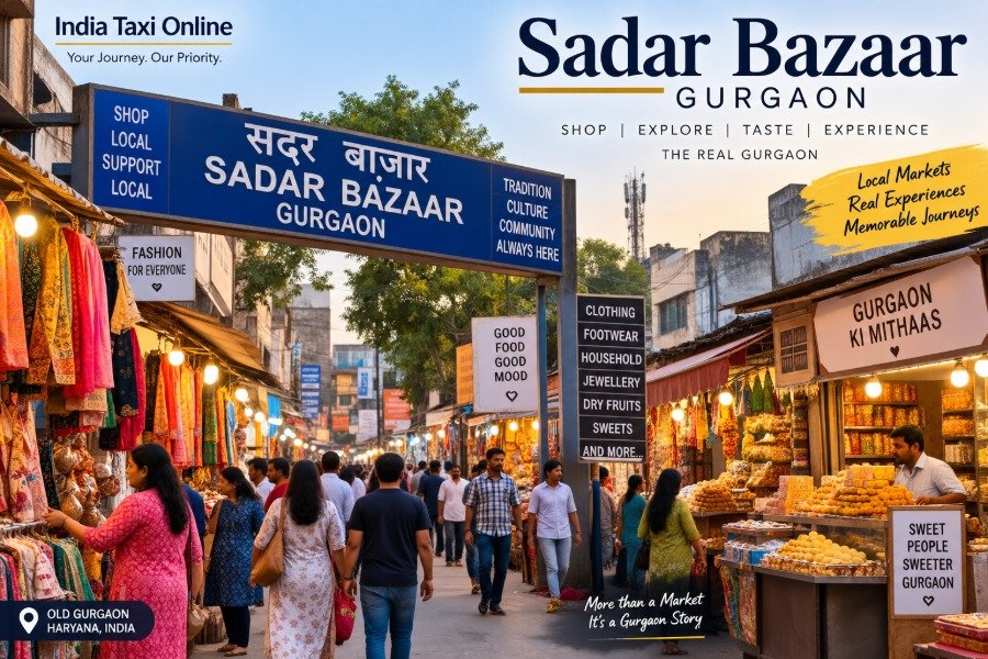Busy Sadar Bazaar Gurgaon market street with local shops, shoppers and traditional goods