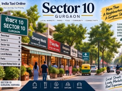Sector 10 Gurgaon local market and residential street with shops, trees, pedestrians and traffic