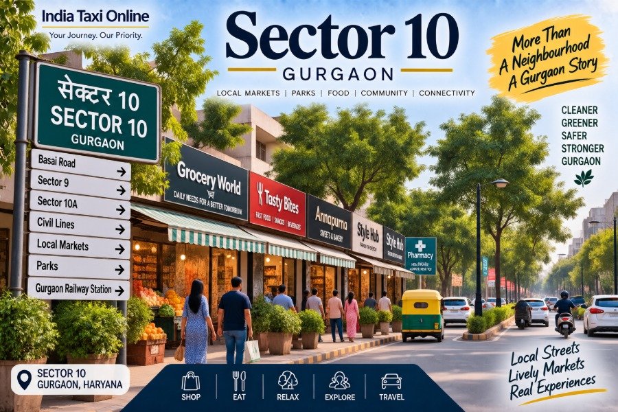 Sector 10 Gurgaon local market and residential street with shops, trees, pedestrians and traffic
