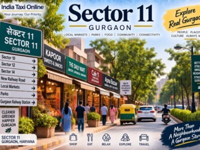 Sector 11 Gurgaon local market and residential street with shops, trees, pedestrians and traffic