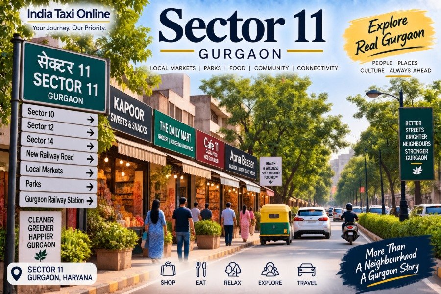 Sector 11 Gurgaon local market and residential street with shops, trees, pedestrians and traffic