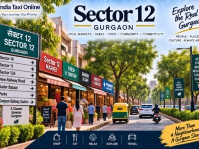 Sector 12 Gurgaon local market and residential street with shops, trees, pedestrians and traffic