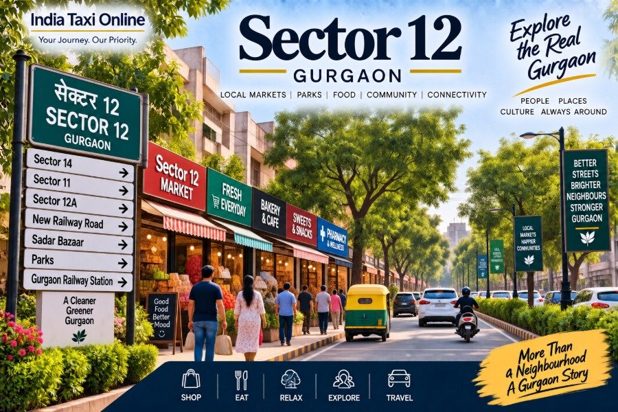 Sector 12 Gurgaon local market and residential street with shops, trees, pedestrians and traffic