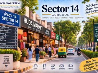 HUDA Market and tree-lined street in Sector 14 Gurgaon with local shops, pedestrians and traffic