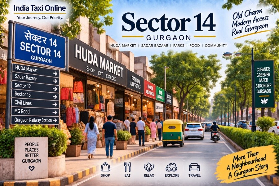 HUDA Market and tree-lined street in Sector 14 Gurgaon with local shops, pedestrians and traffic