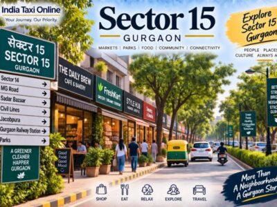 Sector 15 Gurgaon – Local Market and Established Neighbourhood Sector 15 Gurgaon local market and tree-lined residential street with shops, pedestrians and traffic