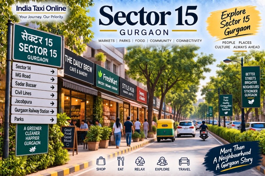Sector 15 Gurgaon local market and tree-lined residential street with shops, pedestrians and traffic