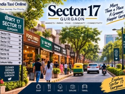 Sector 17 Gurgaon – Local Market, Parks and Neighbourhood Life Sector 17 Gurgaon local market and tree-lined neighbourhood street with shops, pedestrians and traffic