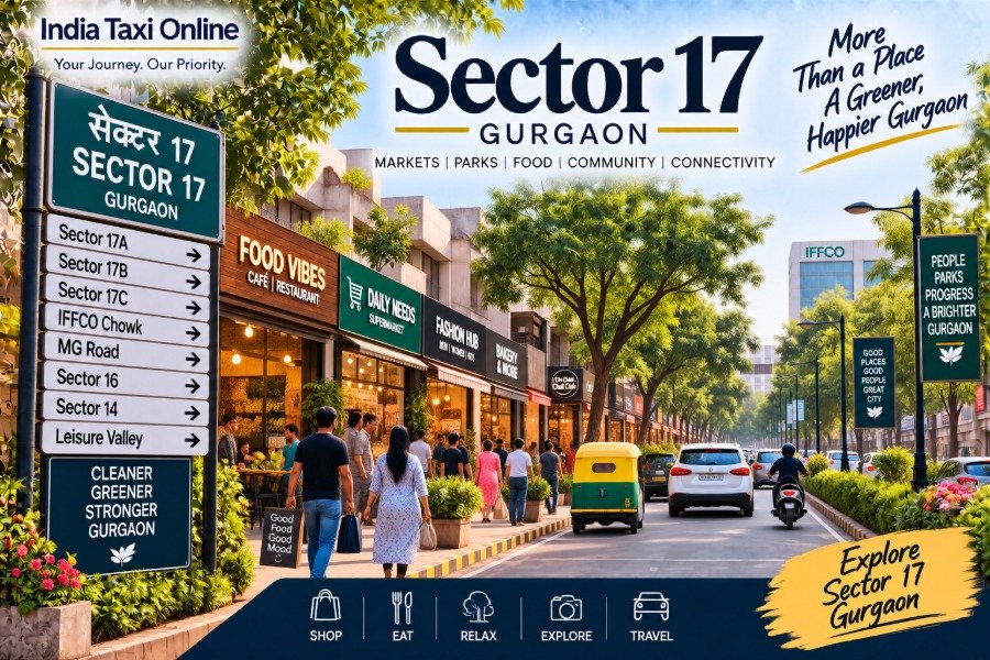 Sector 17 Gurgaon local market and tree-lined neighbourhood street with shops, pedestrians and traffic