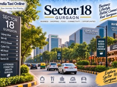 Sector 18 Gurgaon street with commercial buildings, local shops, traffic, greenery and pedestrians