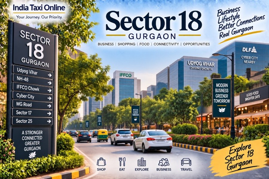 Sector 18 Gurgaon street with commercial buildings, local shops, traffic, greenery and pedestrians