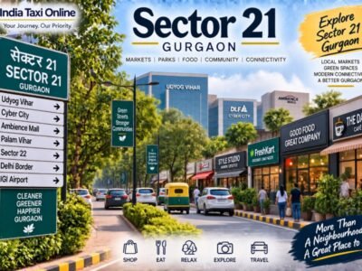 Sector 21 Gurgaon local market and tree-lined neighbourhood street with shops, pedestrians and traffic