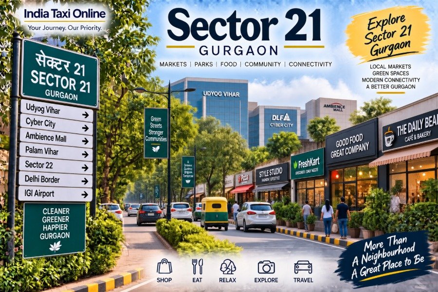Sector 21 Gurgaon local market and tree-lined neighbourhood street with shops, pedestrians and traffic