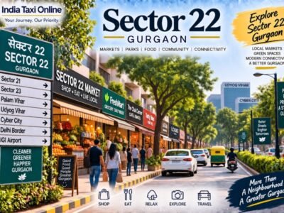 Sector 22 Gurgaon local market and tree-lined neighbourhood road with shops, pedestrians and traffic