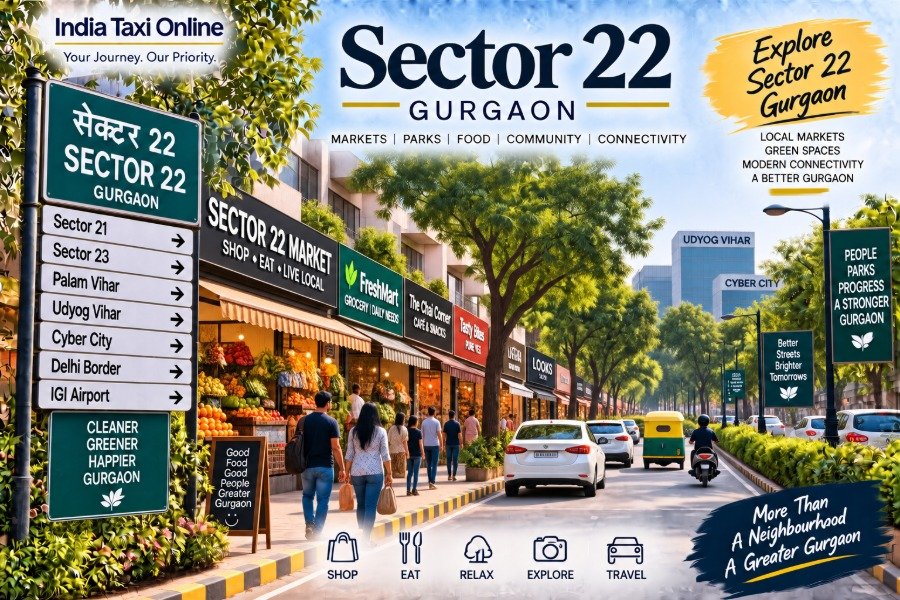 Sector 22 Gurgaon local market and tree-lined neighbourhood road with shops, pedestrians and traffic