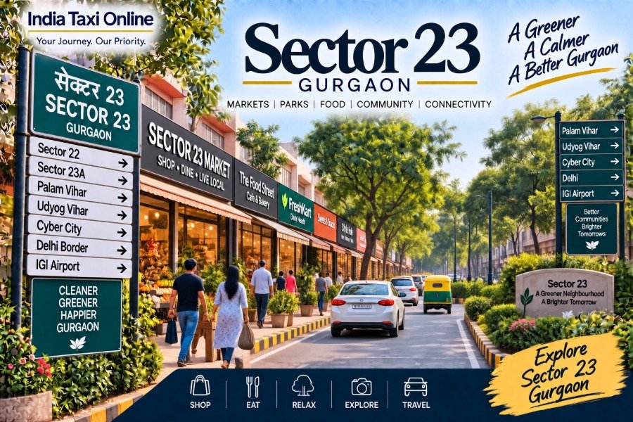 Sector 23 Gurgaon local market and tree-lined residential street with shops, pedestrians and traffic