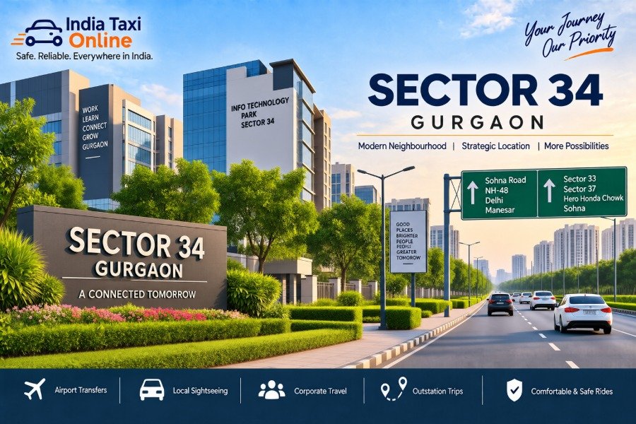 Sector 34 Gurgaon with modern roads, commercial buildings and Gurugram city surroundings