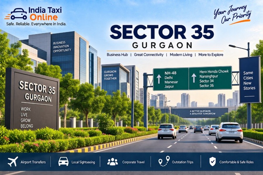 Sector 35 Gurgaon with modern commercial buildings, landscaped roads and NH-48 connectivity