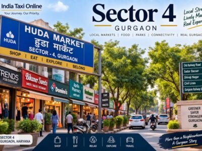 Sector 4 Gurgaon – HUDA Market and Local Neighbourhood HUDA Market and local street in Sector 4 Gurgaon with shops, trees and pedestrians