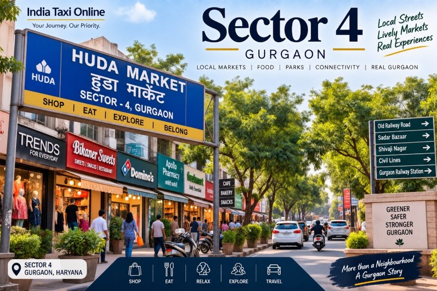 HUDA Market and local street in Sector 4 Gurgaon with shops, trees and pedestrians