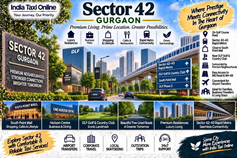 Sector 42 Gurgaon on Golf Course Road with Rapid Metro, premium buildings and green surroundings