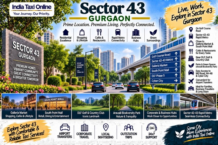 Sector 43 Gurgaon with Golf Course Road, Rapid Metro, premium residences and green surroundings