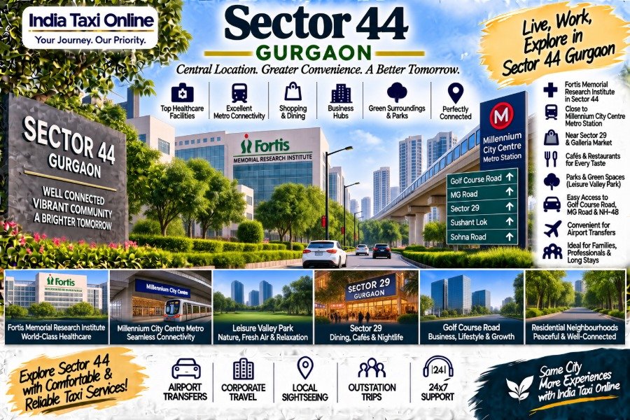 Sector 44 Gurgaon with modern buildings, green streets, metro connectivity and Golf Course Road