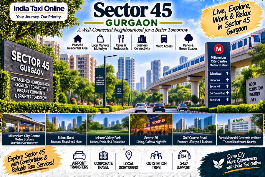 Sector 45 Gurgaon with residential streets, modern buildings, green surroundings and Gurgaon transport connectivity