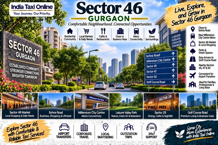 Sector 46 Gurgaon with residential streets, green surroundings, local market and Gurgaon transport connectivity