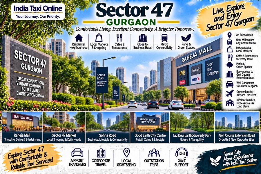 Sector 47 Gurgaon with residential buildings, Sohna Road, green surroundings and city connectivity